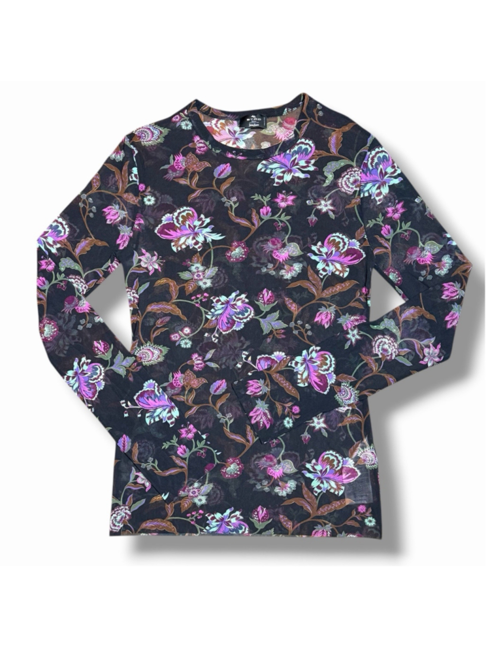 ETRO Black & Purple Floral Butterfly Sheer Mesh Long Sleeve Top 44 Raw Edge NWOT